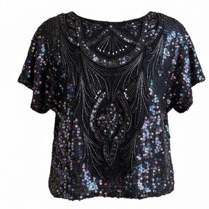 Vintage Xoanon Fully Beaded Sequined Silk Short Sleeved Blouse